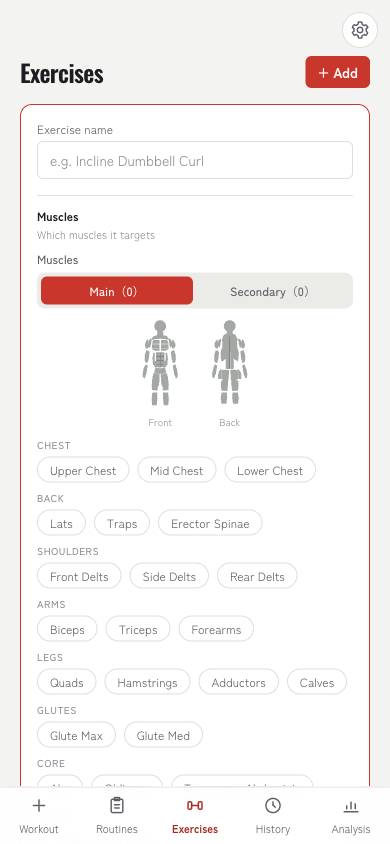 Screenshot of the exercise list