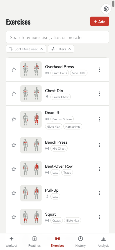 Screenshot of the exercise list