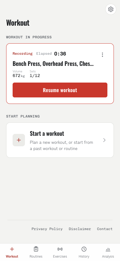 Screenshot of the workout logging screen