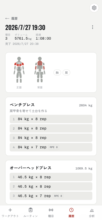 ワークアウト記録画面のスクリーンショット