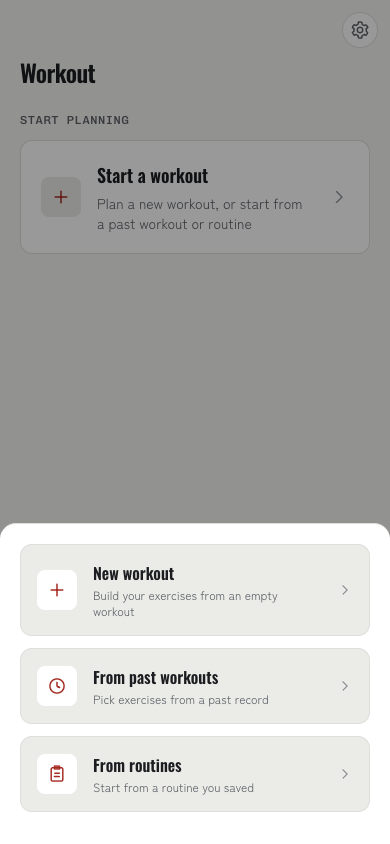 Screenshot of the workout logging screen
