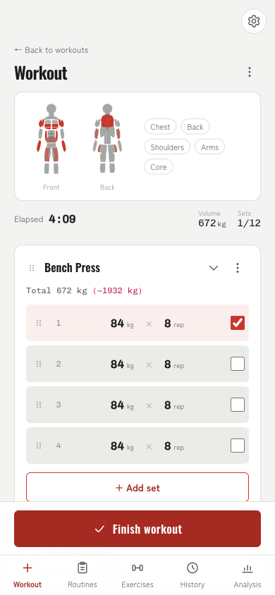 Screenshot of the workout logging screen